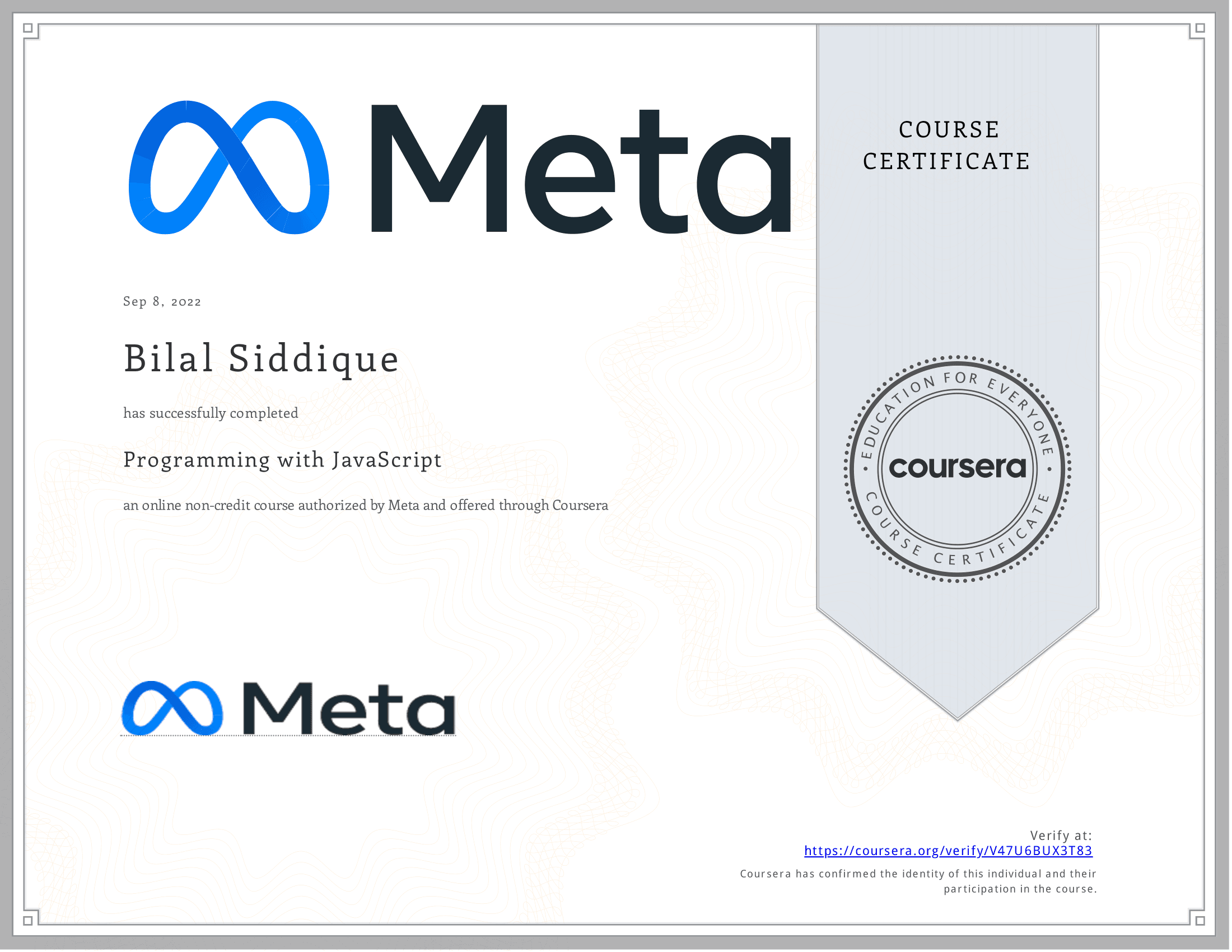Programming with JavaScript certificate